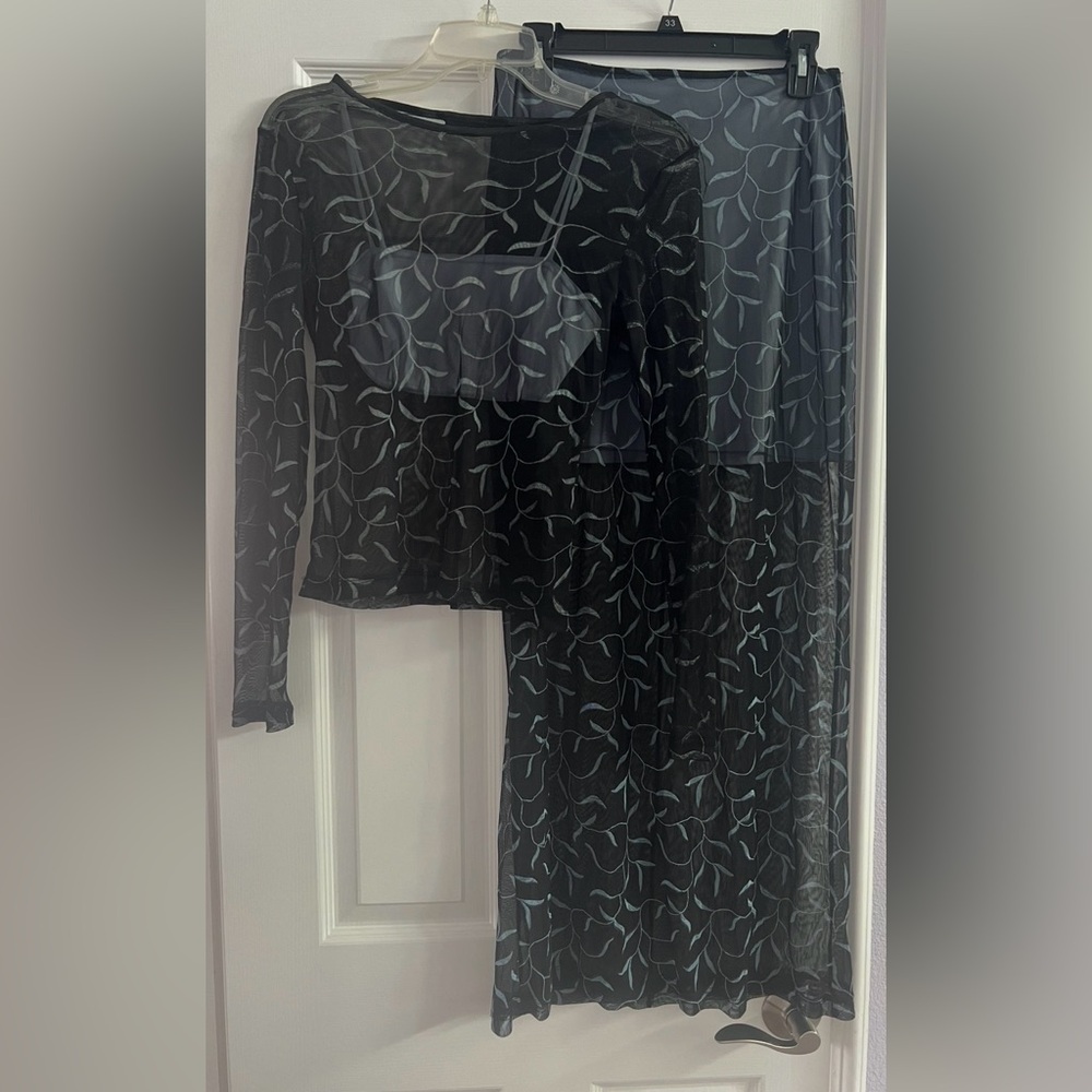 Boho 3 Piece Top & Skirt Set Black Blue Print Sheer Overlay Maxi Mini - S